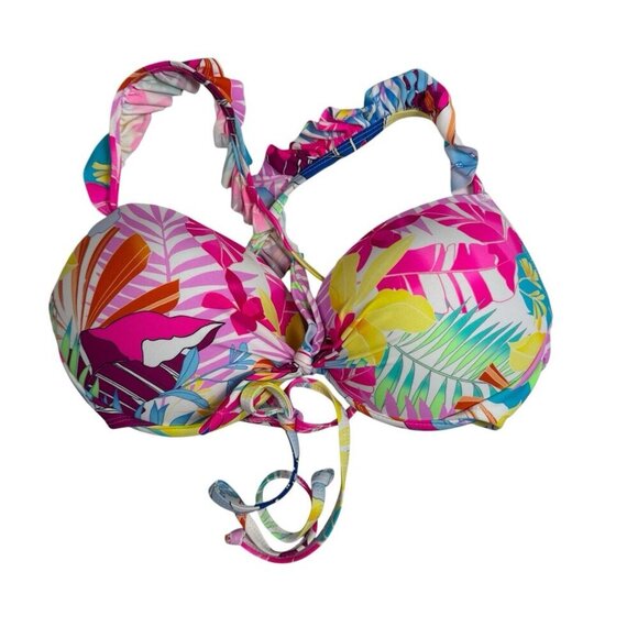 California Wave Junior XL Heavy Padded Bikini Swim Top Multi Palm Ruffle NWT - Picture 2 of 11